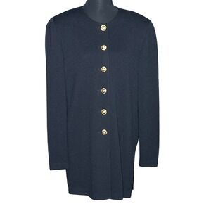 St John Basics Black Santana Knit Longline Cardigan Gold Crest Buttons Med